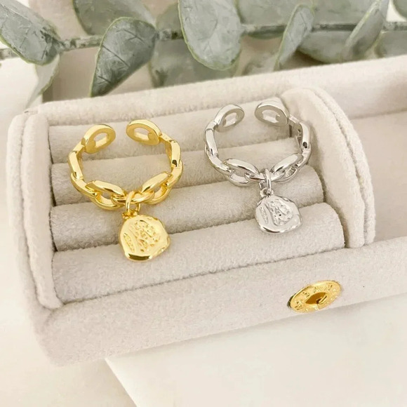 925 Sterling Silver Curb Chain Ring Chunky Dangle Charm Ring Dainty Boho Ring - Picture 4 of 9